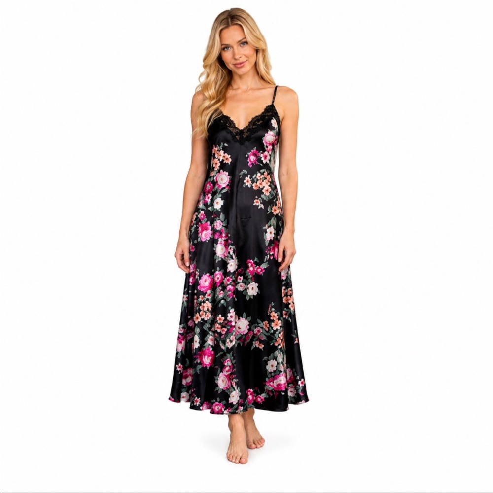 ✨🆕✨IN BLOOM by JONQUIL Floral Satin with Pink & Peach Blooms Nightgown Size XL